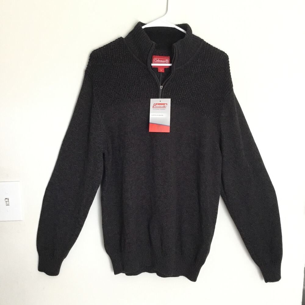 Coleman Mens Sweater 1/4 Zip Dark Gray Marled Cotton Woven Style Sz M
